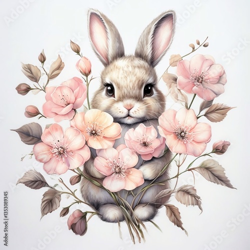 Easter bunny icon with spring pink flowers 