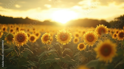 Sunflower field at sunset with golden hues and dark smoke on the horizon suggests a contrasting landscape of beauty and unrest