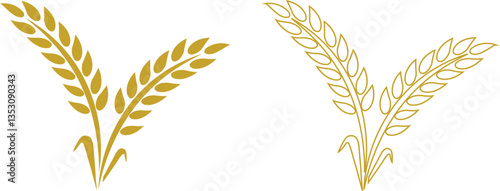 Wheats ears icon set and wheat design elements flat line vector collection isolated on transparent background. Harvest wheat grain, growth rice stalk and whole bread grains or field cereal nutritious.