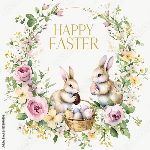 Two bunnies eating chocolate eggs surrounded with spring flowers, happy easter text