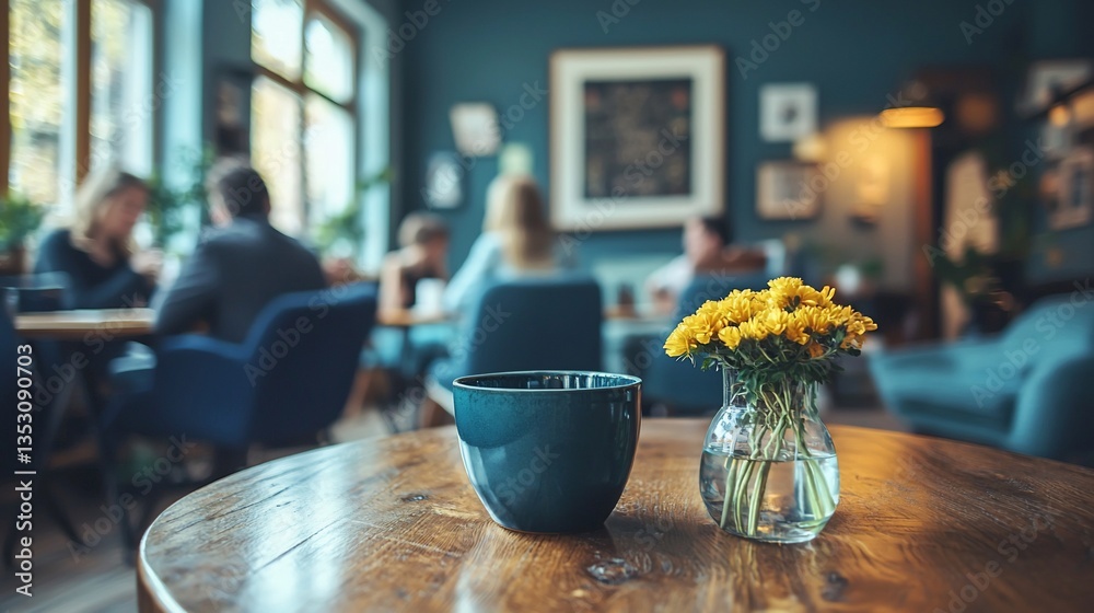Teal mug and yellow flowers on cafe table.