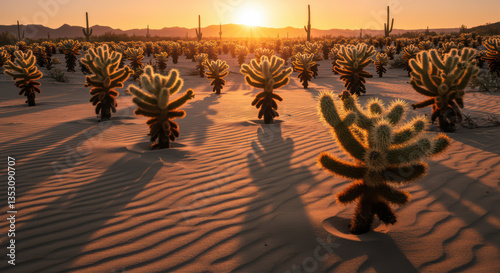 Vibrant Cactus at Sunset in Serene Desert Landscape - Beautiful Nature Scenery