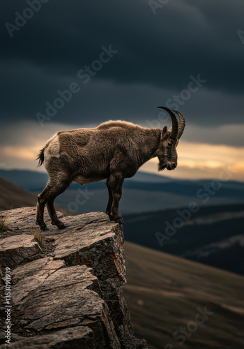 Majestic Mountain Goat in Rocky Terrain: Wildlife Photography of Horned Animal Silhouette Amidst Scenic Nature Landscape and Cloudy Sky