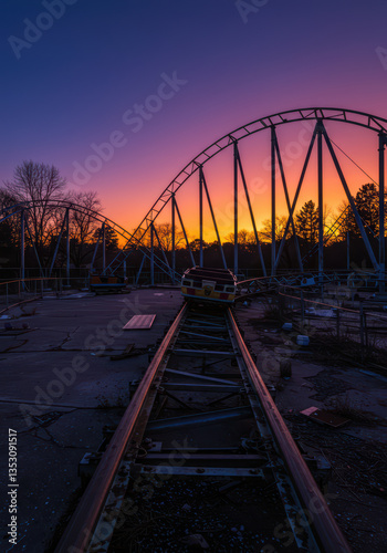 Abandoned Amusement Park at Sunset: Vibrant Decay and Nostalgic Adventure Seekers Explore Forgotten Roller Coaster Rails and Derelict Structures Under a Colorful Sky