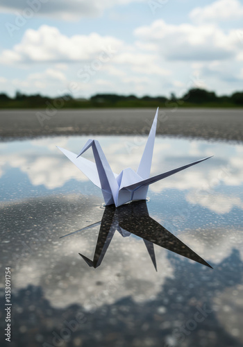 <Origami Crane Reflected on Water Surface Amidst Clouds and Sky – Paper Art, Creativity, and Peace in Nature>