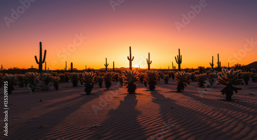 Stunning Arizona Desert Sunset: Cactus Silhouettes & Vibrant Skyline in Tranquil Wilderness Landscape