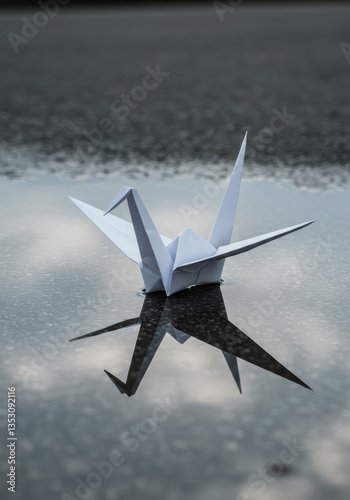 Origami Crane: Tranquil Paper Art with Water Reflections in Soft Lighting