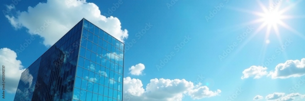 Modern office building under bright blue sky with puffy white clouds , sunny day, architecture, blue sky Modern office building under bright blue sky with puffy white clouds , sunny day, architecture, blue sky
