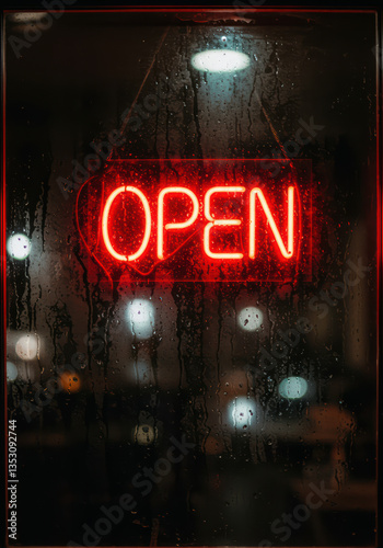 Open Neon Sign Light Illuminates Urban Storefront Night Scene with Glowing Reflections