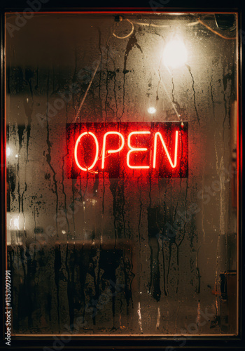 Neon Open Sign Illuminating Glass Window at Night with Warm Light and Rain Reflection