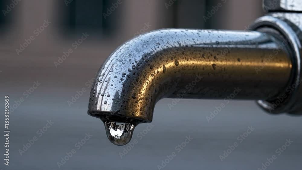 A close-up of a metal water faucet with droplets clinging to its surface and one droplet mid-fall against a softly blurred neutral background in natural light A close-up of a metal water faucet with droplets clinging to its surface and one droplet mid-fall against a softly blurred neutral background in natural light