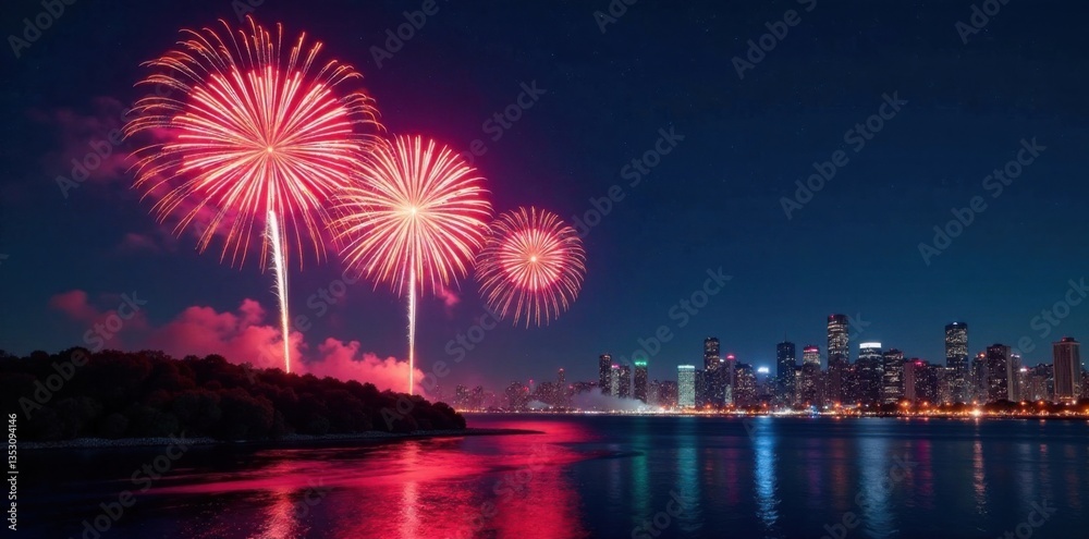 New Year countdown fireworks exploding in the night sky with a cityscape and bright colorful lights, celebration night, pyrotechnics New Year countdown fireworks exploding in the night sky with a cityscape and bright colorful lights, celebration night, pyrotechnics