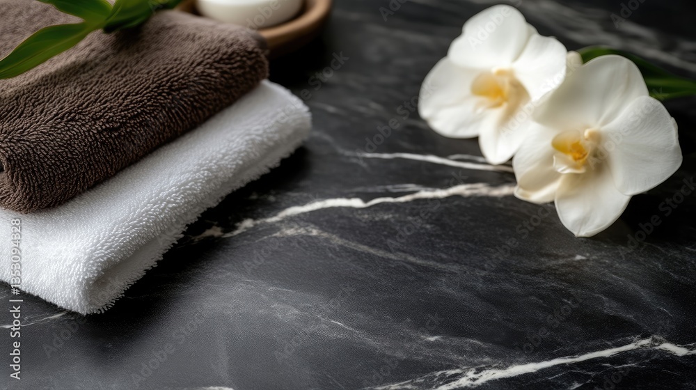 Spa-inspired wellness scene with towels, orchids, and candle Spa-inspired wellness scene with towels, orchids, and candle