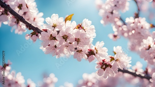 Close-up delicate pink cherry blossoms full bloom against a vibrant blue sky.