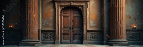Old antique door in ornate frame with intricate carvings and soft focus, soft focus, rustic