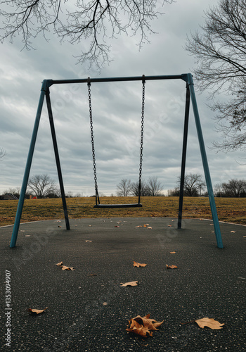 Empty Metal Swing Set in Scenic Midwest Park: Autumn Nostalgia with Overcast Sky and Fallen Leaves