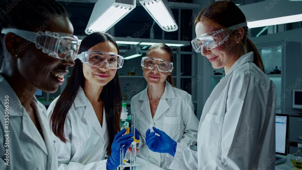Grupo de estudiantes mujeres realiza experimentos químicos con tubos de ensayo en laboratorio moderno, representando inclusión y vocación STEM.