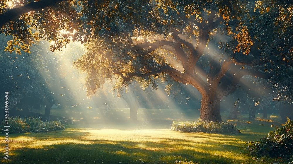 Sunbeams illuminate a majestic oak tree in a misty forest clearing.