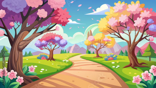 vector of picturesque spring setting where colorful blossoms carpet the ground beneath blossoming trees