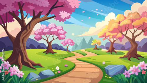 vector of picturesque spring setting where colorful blossoms carpet the ground beneath blossoming trees