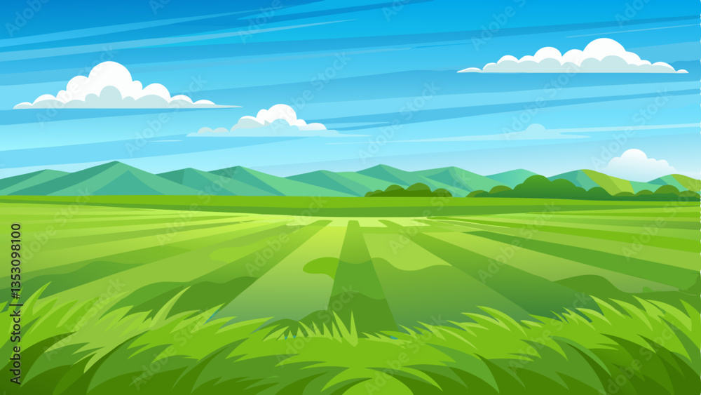 Fototapeta premium vector of vast, empty green field with fresh grass stretching endlessly under a clear blue sky