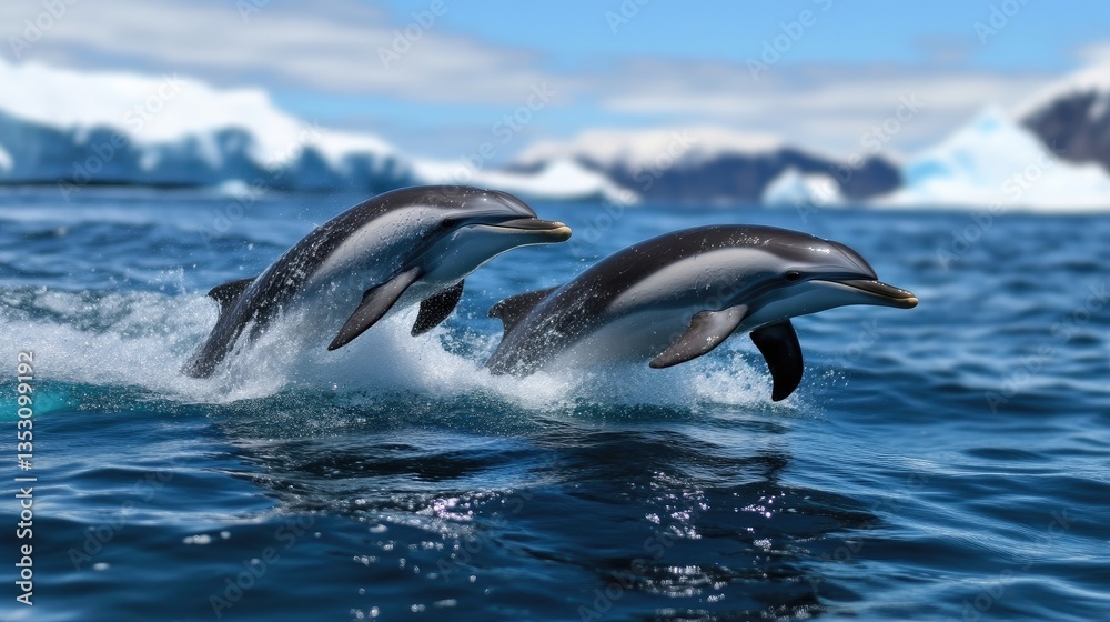 Fototapeta premium Two dolphins leap in icy ocean waters