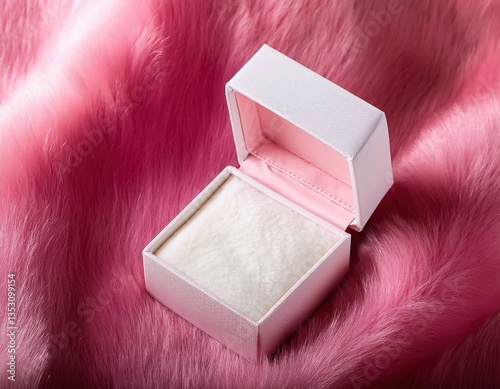 Open jewelry box on pink fur background