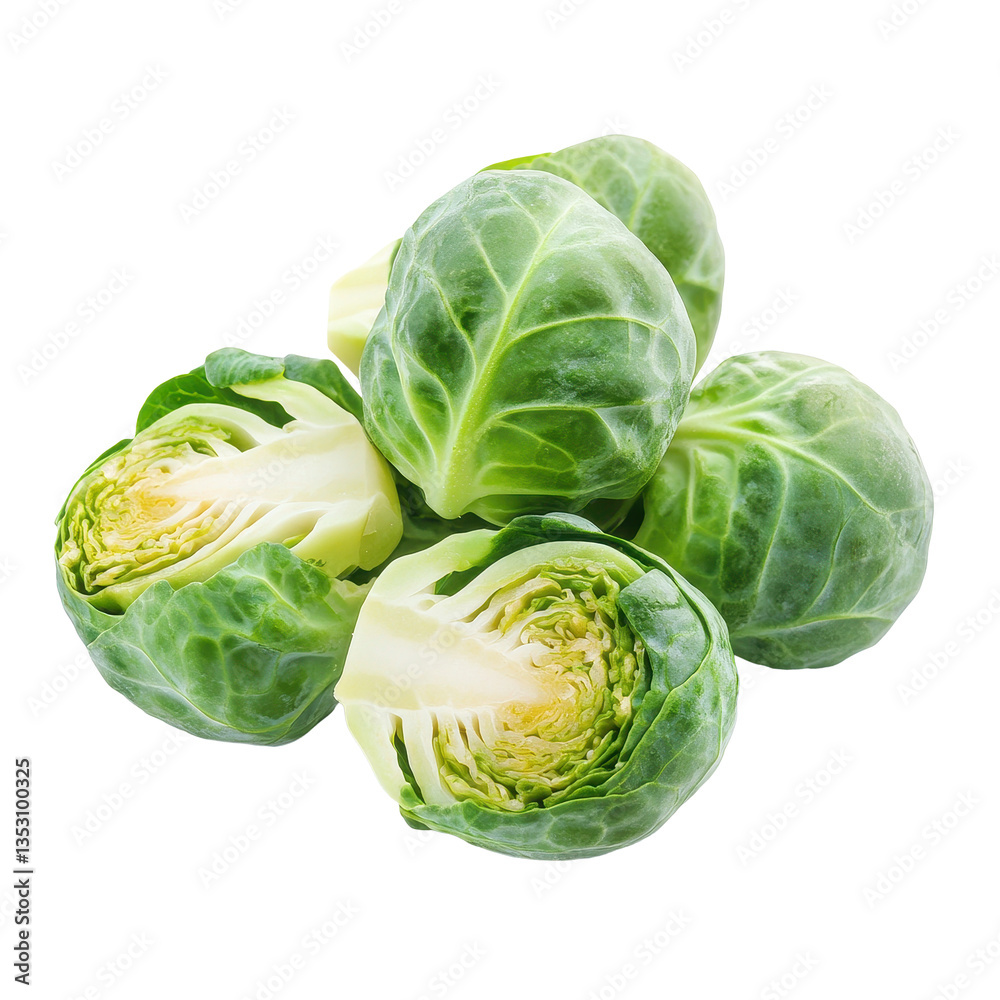 Fototapeta premium Brussel sprouts arranged on white background showing fresh green vegetables ready for cooking, Brussel Sproutsisolated on white background