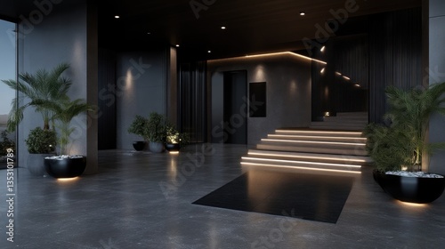 Modern entryway with concrete flooring, wood stairs, and tropical plants.  Dark tones and ambient lighting create a sophisticated and inviting atmosphere
