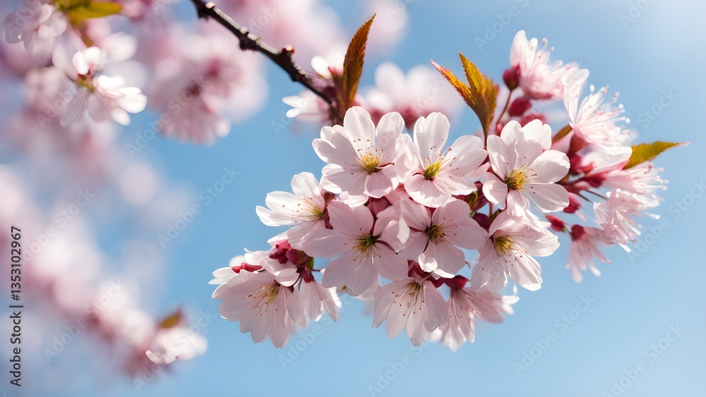 A cluster delicate pink cherry blossoms graces a branch against a vibrant blue sky. A cluster delicate pink cherry blossoms graces a branch against a vibrant blue sky.