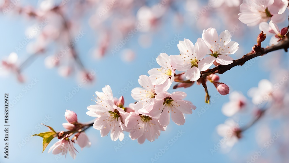Close-up beautiful pink cherry blossoms a branch against a clear blue sky. Close-up beautiful pink cherry blossoms a branch against a clear blue sky.