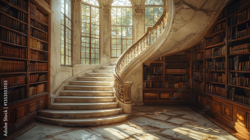 Sunlit marble staircase in grand library with bookshelves.