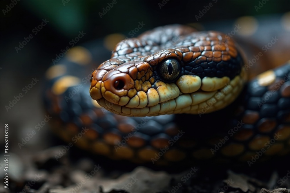 Snake's facial features in sharp focus, bared fangs and piercing eyes , snake anatomy, venomous snakes, animal behavior Snake's facial features in sharp focus, bared fangs and piercing eyes , snake anatomy, venomous snakes, animal behavior