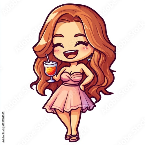 Adorable Chibi Girl in Pink Dress Enjoying a Cocktail