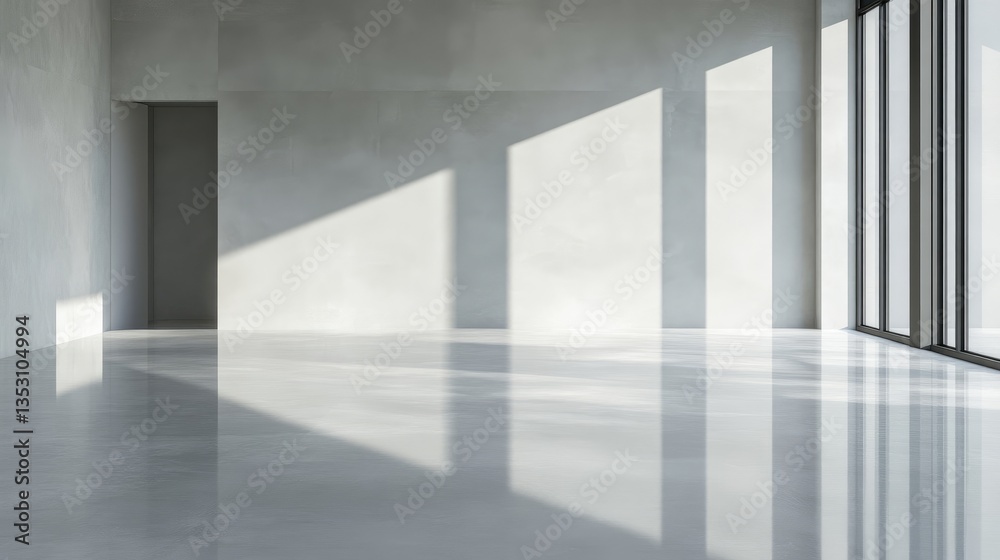 Obraz premium Empty, modern, light-filled space. Sunlight casts shadows across a polished concrete floor and walls. Large windows offer expansive city views