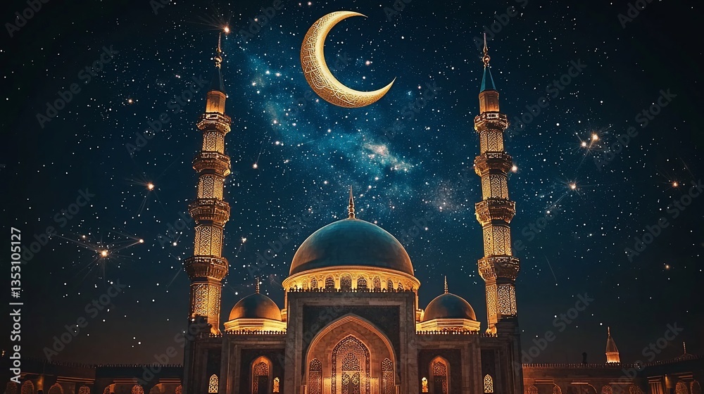 Illuminated mosque under crescent moon and starry night sky.