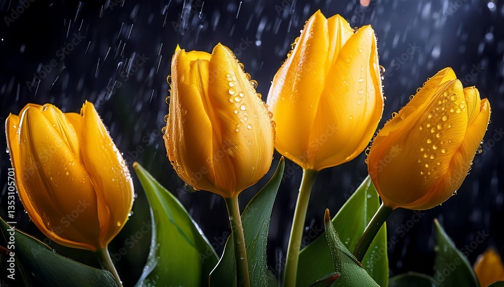 Obraz premium Yellow tulip flowers with droplet of water in the raining day