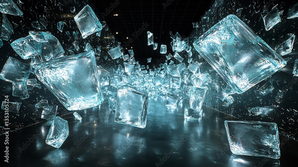 Glowing blue cubes float in dark space, creating a mesmerizing tunnel effect.