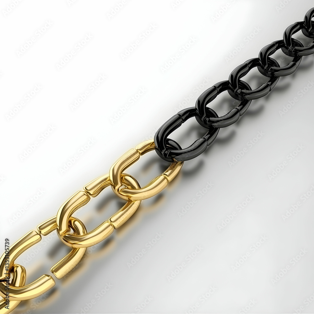 Fototapeta premium Gold and black chain links connecting, against white background; illustrating collaboration or connection