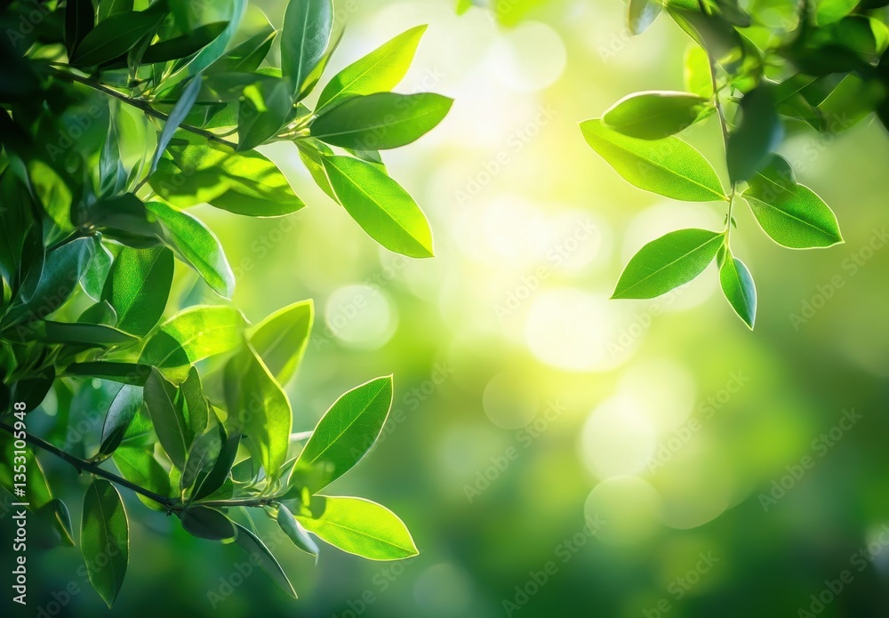 Obraz premium Lush Green Leaves Against a Soft Natural Background, Highlighting the Beauty of Nature and the Serenity of a Sunlit Forest Landscape