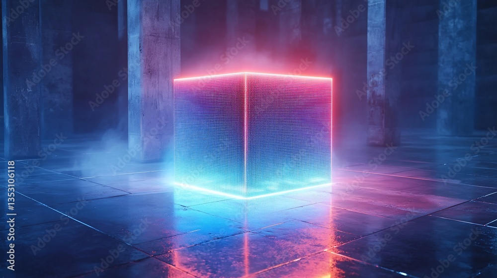 Glowing neon cube in dark, futuristic space.