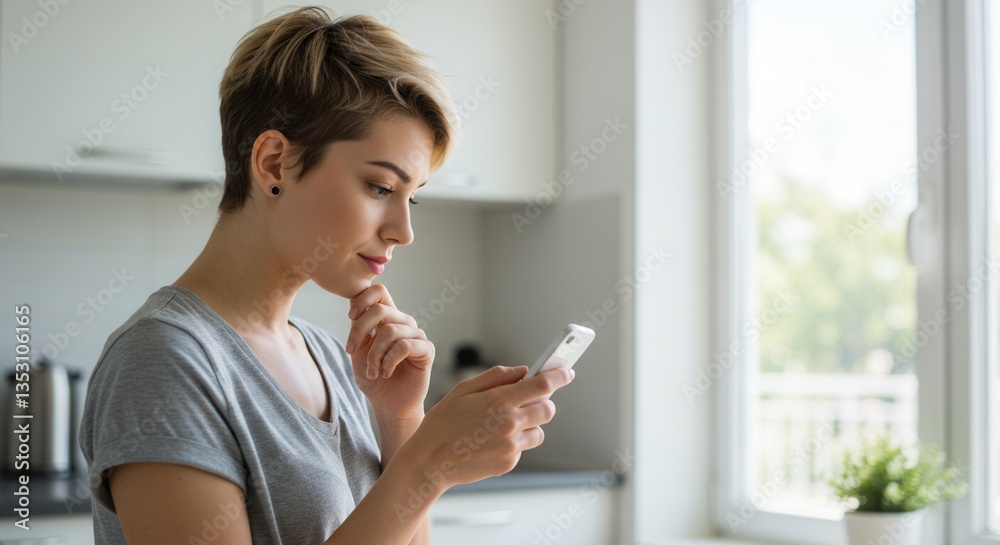 Thoughtful Young Woman Using Smartphone in Modern Kitchen Thoughtful Young Woman Using Smartphone in Modern Kitchen