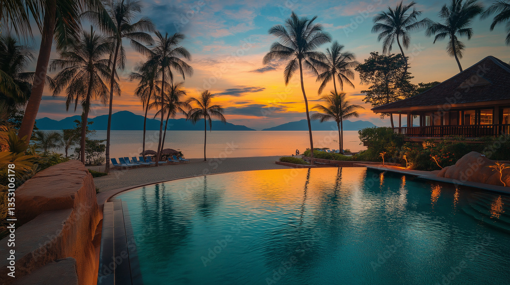 Luxurious beachfront resort with infinity pool overlooking turquoise ocean, tropical palm trees, white sand beach, golden hour lighting, high-end vacation experience Luxurious beachfront resort with infinity pool overlooking turquoise ocean, tropical palm trees, white sand beach, golden hour lighting, high-end vacation experience