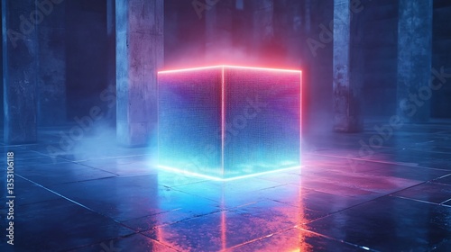 Obraz na płótnie Glowing neon cube in dark, futuristic space. w salonie