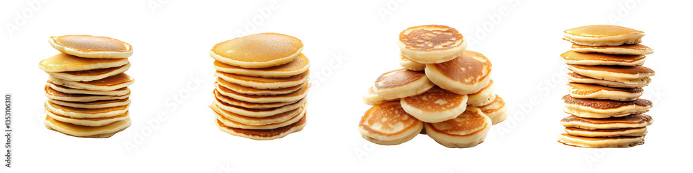 Four stacks of golden brown pancakes of varying heights a delicious breakfast option are presented side by side. Four stacks of golden brown pancakes of varying heights a delicious breakfast option are presented side by side.
