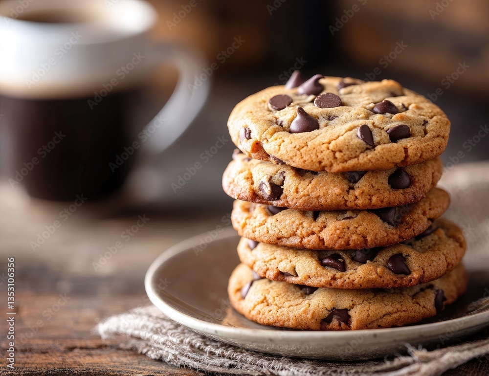 Stack of Chocolate Chip Cookies with Coffee Stack of Chocolate Chip Cookies with Coffee