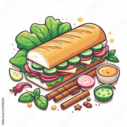 bread, baguette, meal, meat, fresh, food, background, cucumber, carrot, lunch, cuisine, coriander, sandwich, asian, traditional, vietnamese, pork, vietnam, sliced, closeup, cilantro, vegetable, street