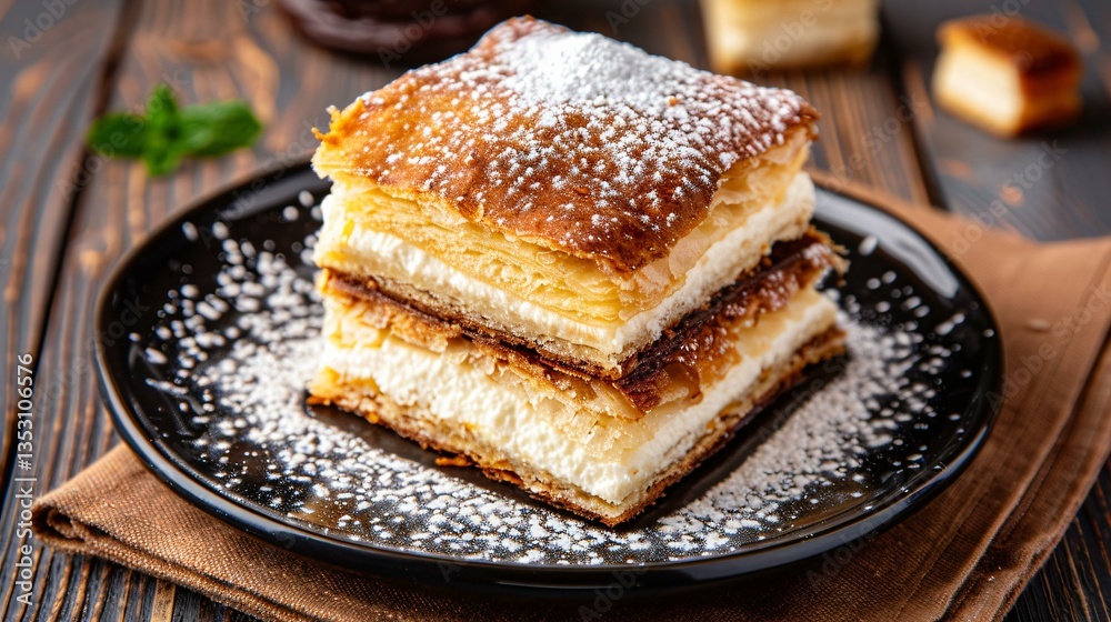 Buttery puff pastry oozing with warm caramel filling, topped with a light dusting of powdered sugar for a classic touch. Buttery puff pastry oozing with warm caramel filling, topped with a light dusting of powdered sugar for a classic touch.