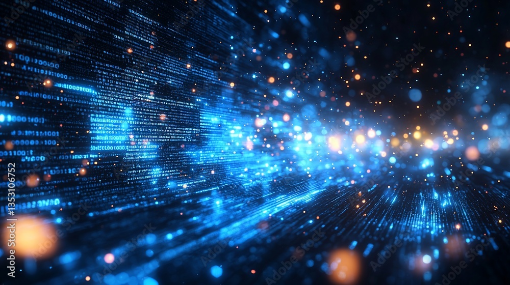 Abstract digital data stream, glowing particles, futuristic technology concept.
