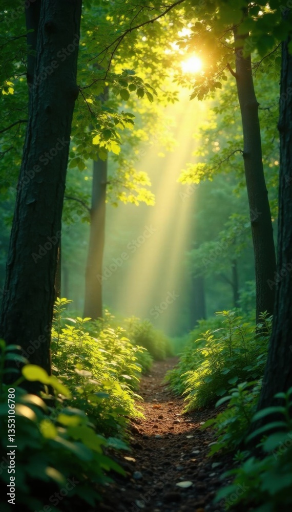 Obraz premium Soft warm rays of sunlight filtering through dense green foliage in a tranquil forest glade , foliage, warmth, light